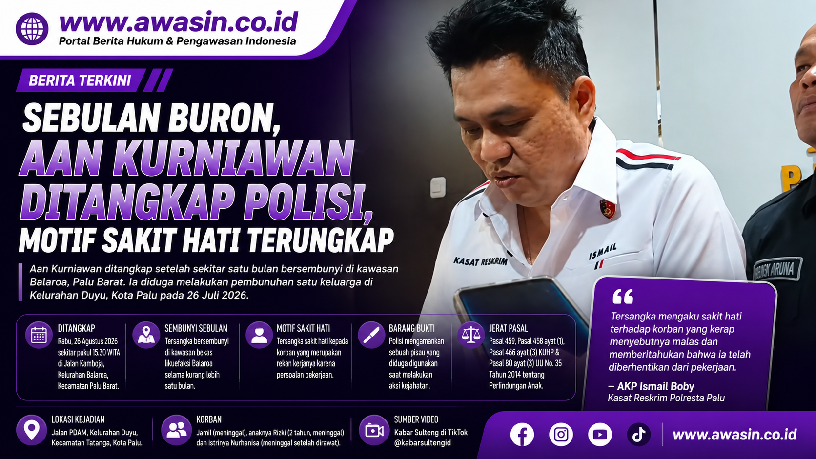 Sebulan Buron, Aan Kurniawan Ditangkap Polisi di Palu, Motif Sakit Hati Terungkap