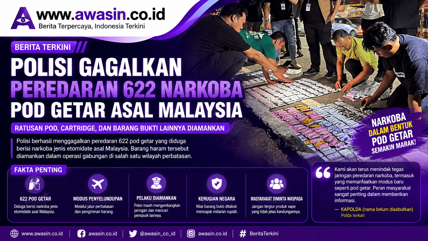 Modus Narkoba dalam Vape Terbongkar, Polisi Gagalkan Peredaran Ratusan Pod Getar
