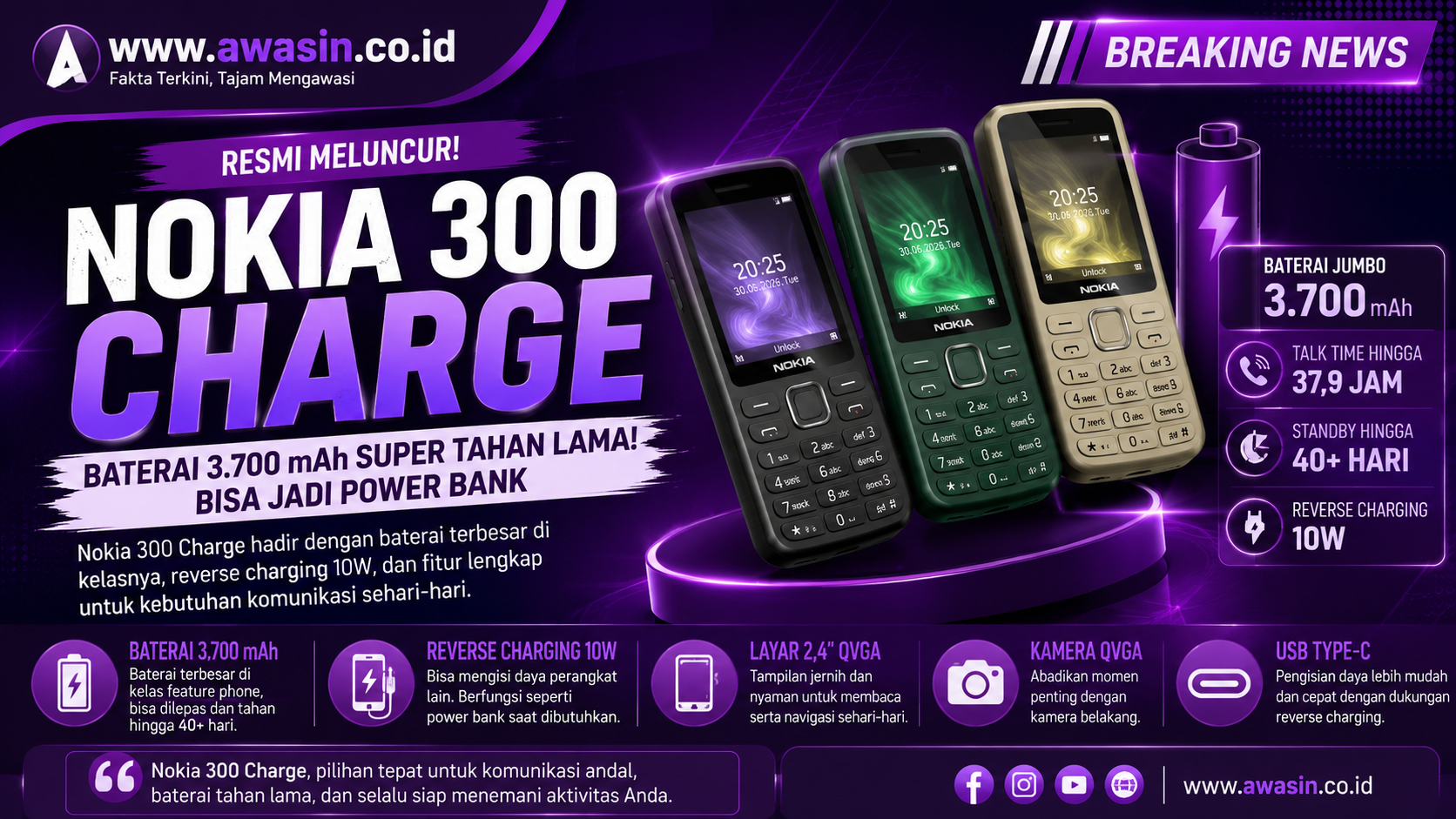 Nokia 300 Charge Resmi Meluncur, Baterai 3.700 mAh Bisa Jadi Power Bank