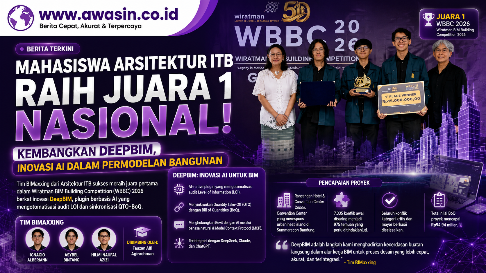 Mahasiswa Arsitektur ITB Juara 1 WBBC 2026, DeepBIM Bawa AI ke Dunia Pemodelan Bangunan