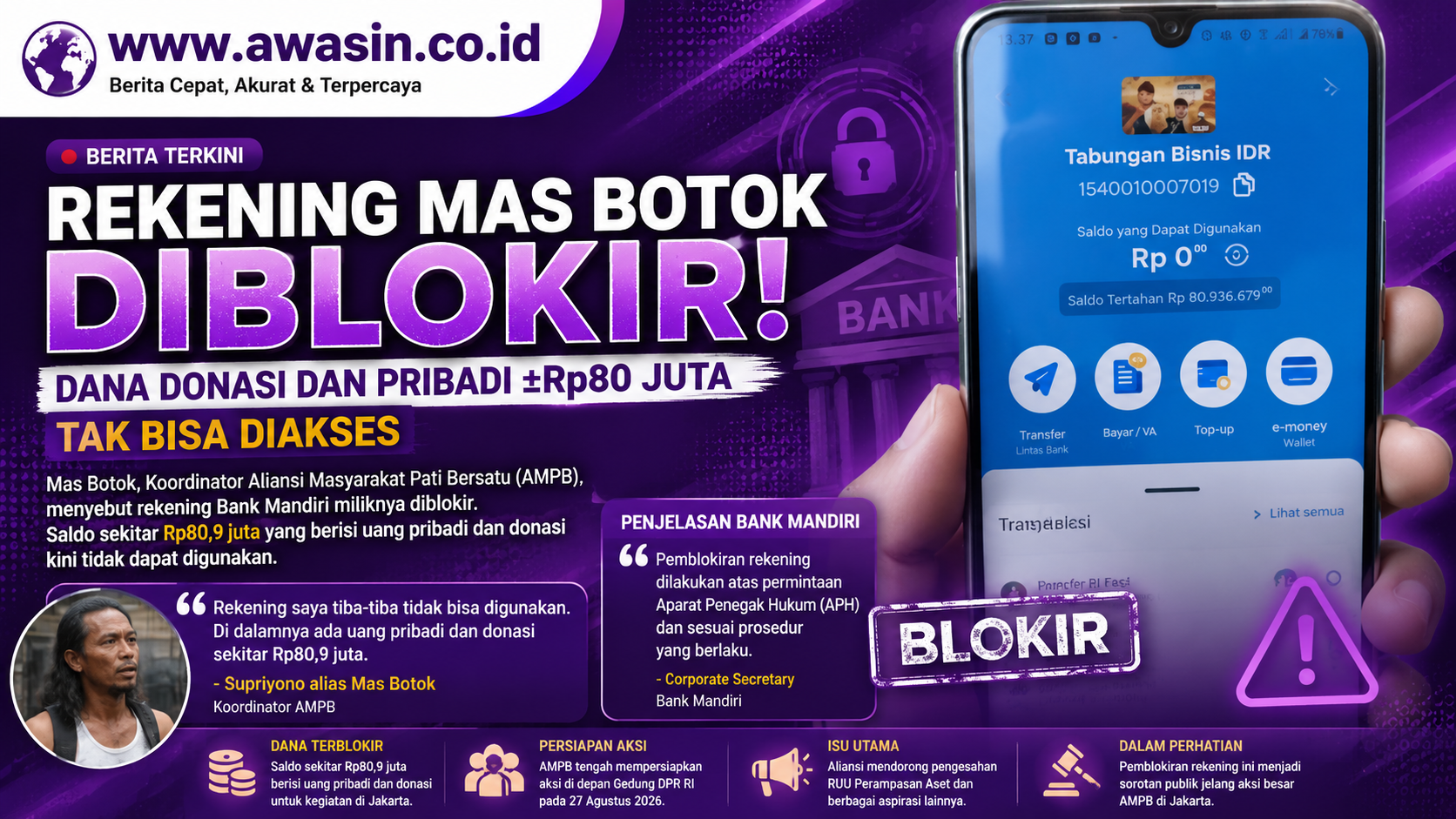 Rekening Mas Botok Diblokir, Dana Rp80,9 Juta Tak Bisa Diakses Jelang Aksi di DPR
