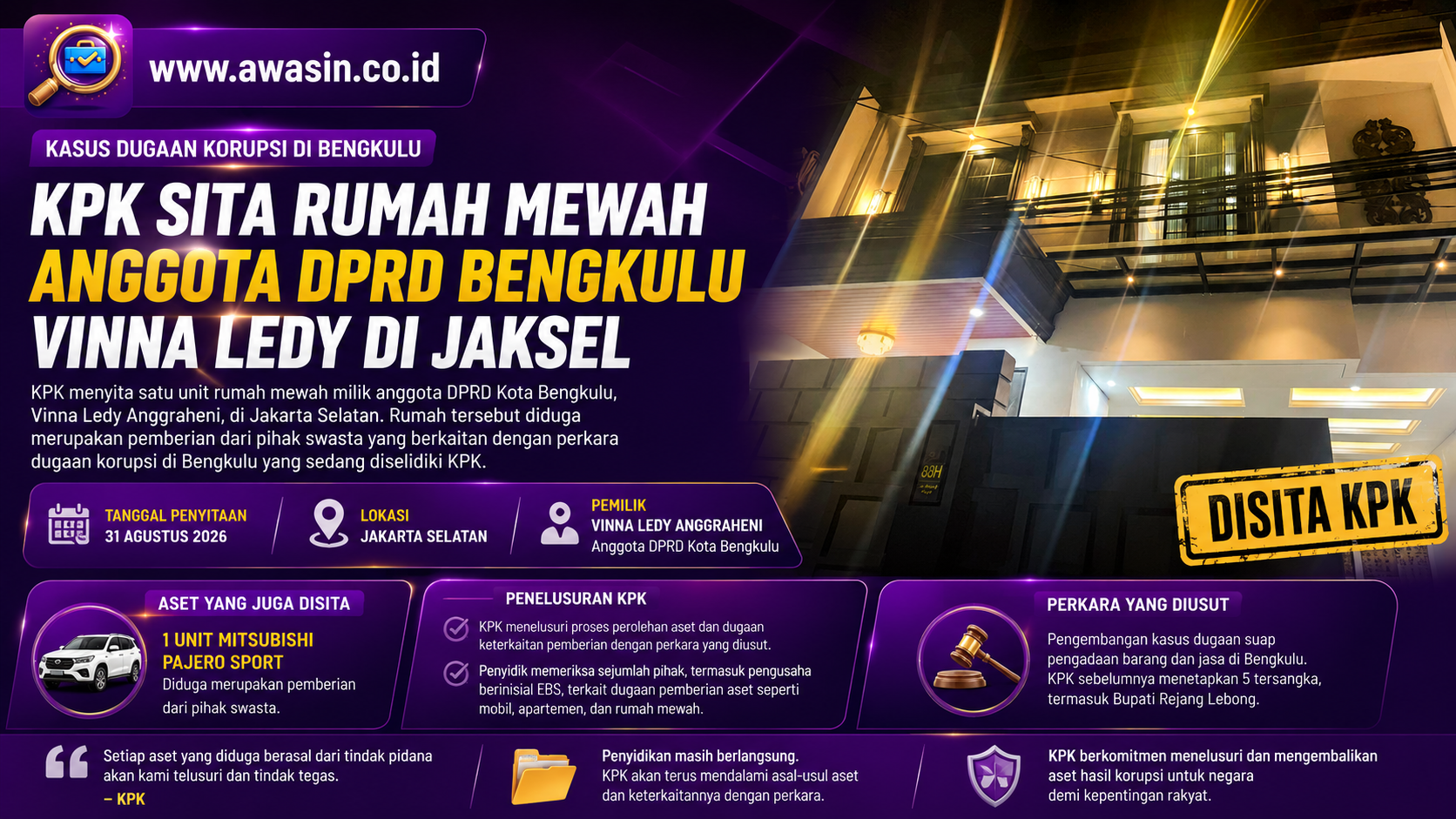 KPK Sita Rumah Mewah Milik Vinna Ledy di Jakarta Selatan, Telusuri Dugaan Pemberian dari Swasta