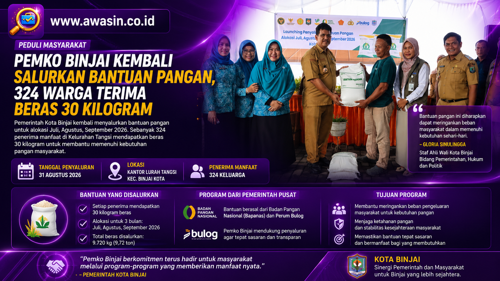 Pemko Binjai Salurkan 9,72 Ton Beras, Bantu Ringankan Kebutuhan Pangan Masyarakat
